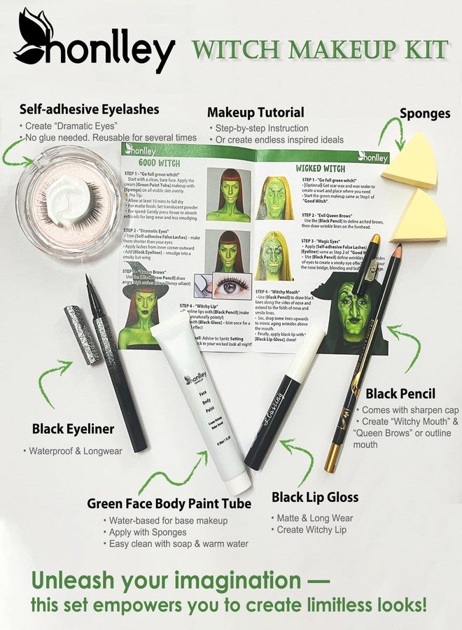 HONLLEY Halloween Wicked Witch Makeup Complete Kit Costume Women - Elphaba Green Water-Based Face Paint, Black Pencil, Black Lipstick, Eyelashes & Guide | Frankenstein Character Set for SFX Cosplay Parties - Image 2